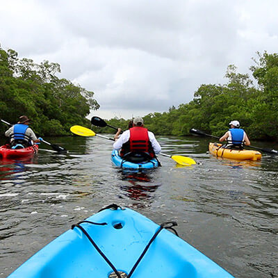 Guests kayak through the Bay in Fort Myers Beach