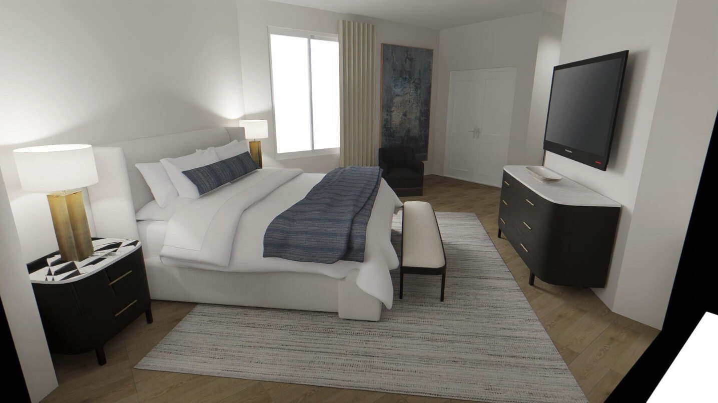 The bedrooms, dining room and living room of Bayview Suites at Pink Shell in Fort Myers Beach Florida.