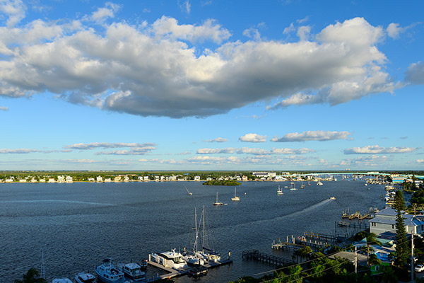 Aerial view of marina and bay in Fort Myers Beach