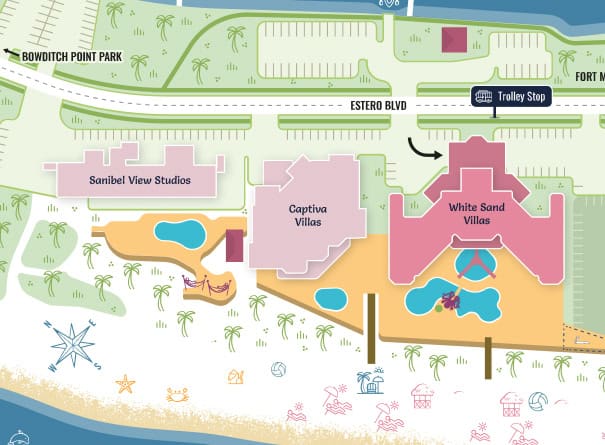 Map showing Sanibel View Studios, Captiva Villas, and White Sand Villas near the beach, with a trolley stop on Estero Blvd and labeled features like pools, beach, and park area.