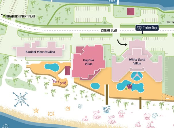 Map showing Sanibel View Studios, Captiva Villas, and White Sand Villas near Bowditch Point Park; includes parking, trolley stop, pools, and beach access along Estero Blvd.
