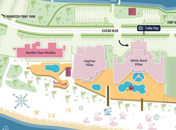 Illustrated map showing Sanibel View Studios, Captiva Villas, and White Sand Villas near the beach, with pools, walkways, and a trolley stop on Estero Blvd near Bowditch Point Park.