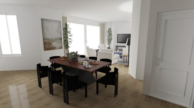 Modern dining and living room with a wooden table set for tea, black chairs, white walls, large windows, plants, and a TV in the background.
